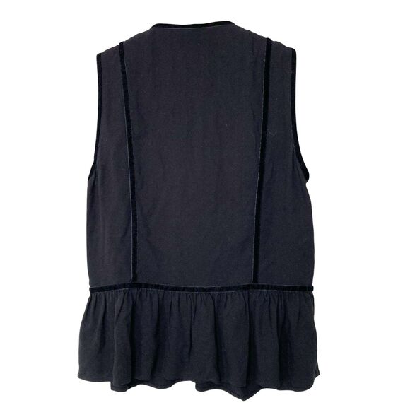 Frame Women's Black Sleeveless V-Neck Peplum Blouse Top Size Medium Velvet Trim - Picture 4 of 15